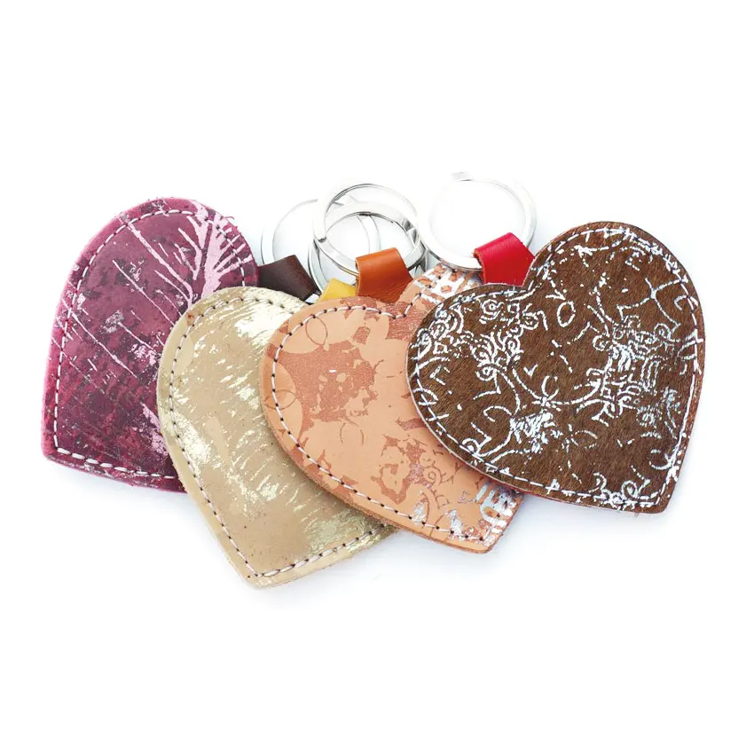 Custom logo Foil Stamped Engraved Branded Leather Heart Keyring
