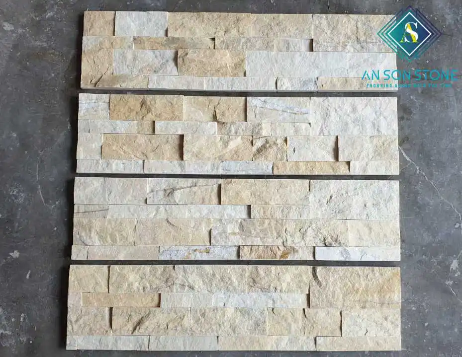 Beige Decorative Exterior Interior Veneer Panel Slate Split Face Tiles Stacked Stone Wall Cladding - Vietnam natural stone
