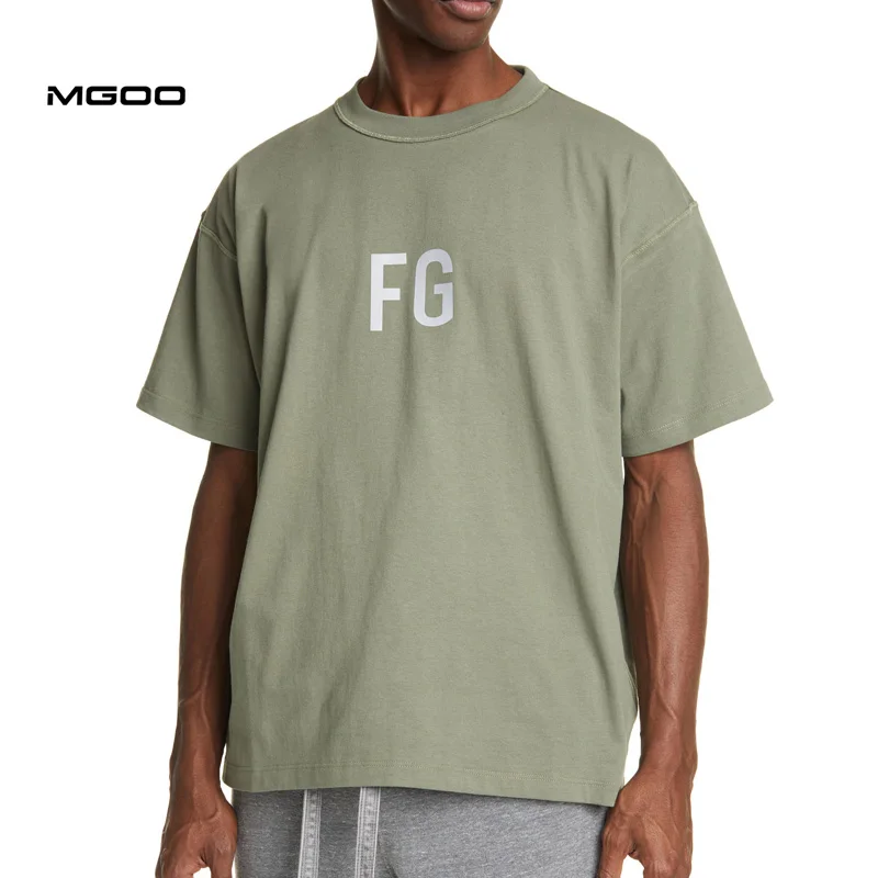 MGOO Combed Cotton Custom Printed Drop Shoulder Oversized Tee Reflective Logo T Shirt