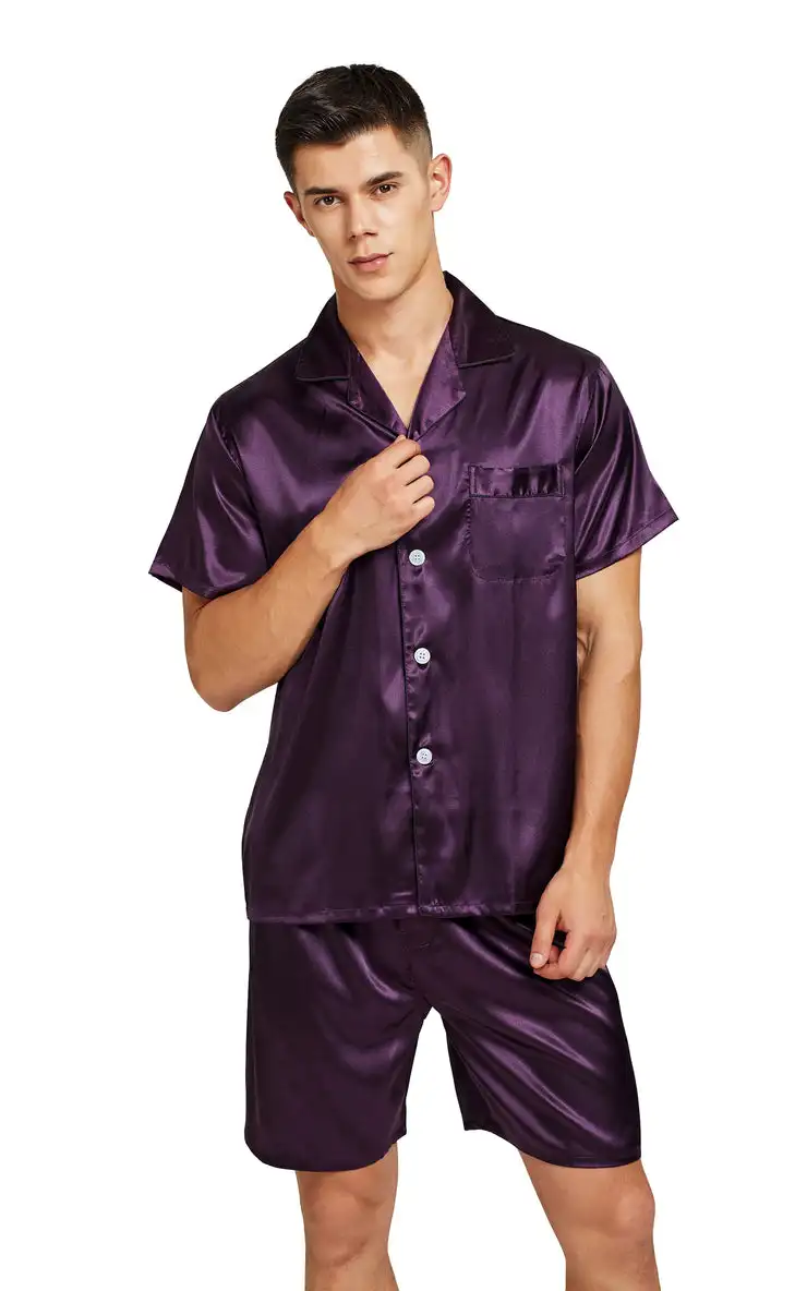 rounded neck Summer Satin Silk Pajamas Shorts Male Pajama Set Soft Nightgown for Men Silk Sleepwear Men sporting Sleepwear