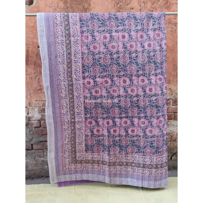 Индийское Хлопковое одеяло kantha с цветочным принтом ручной работы оптовая продажа светло-зеленое покрывало