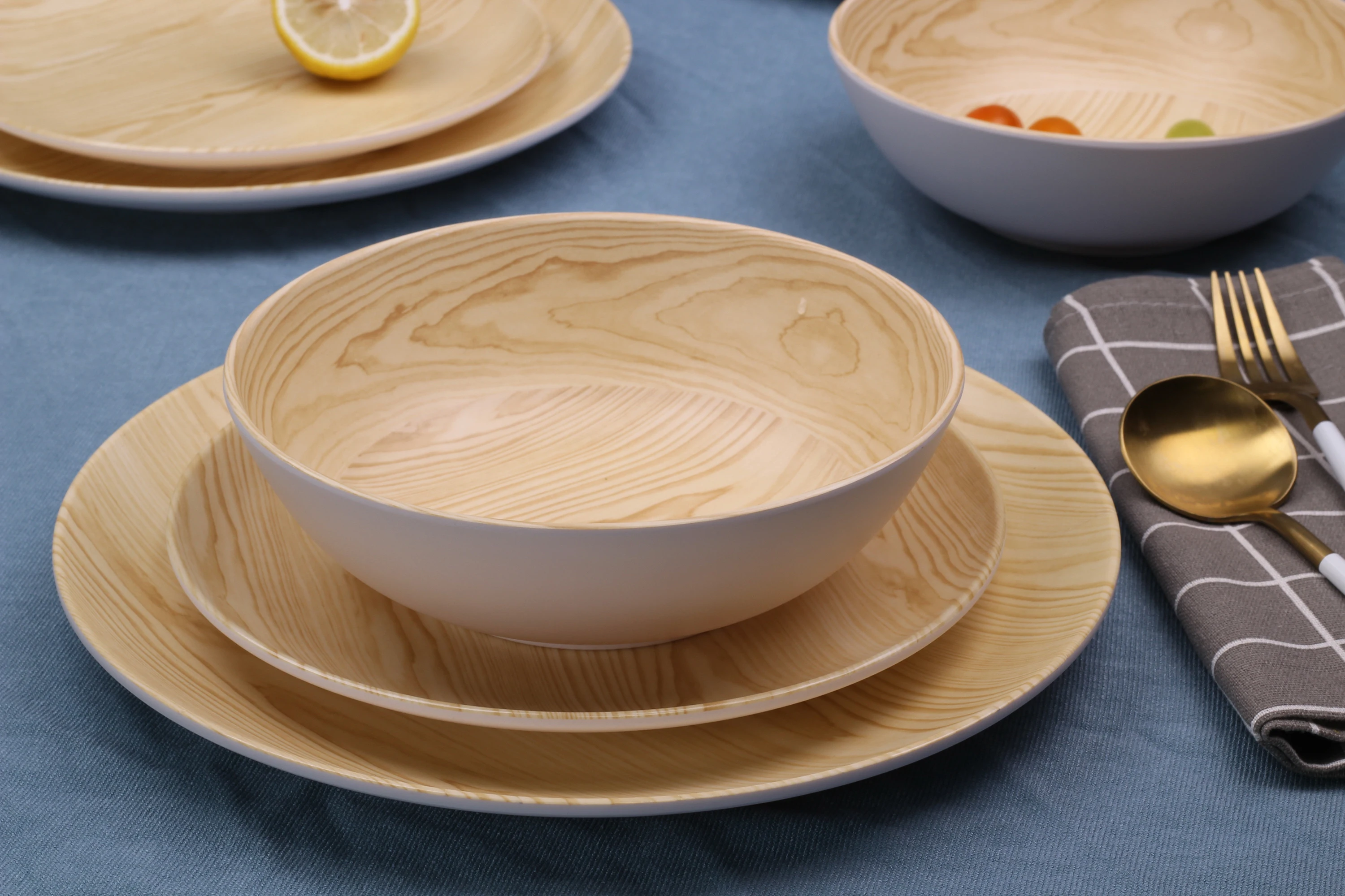 Wooden Grain Melamine Dinner set 12 PC set Dinner Plate, Dessert Plate and Cereal Bowl