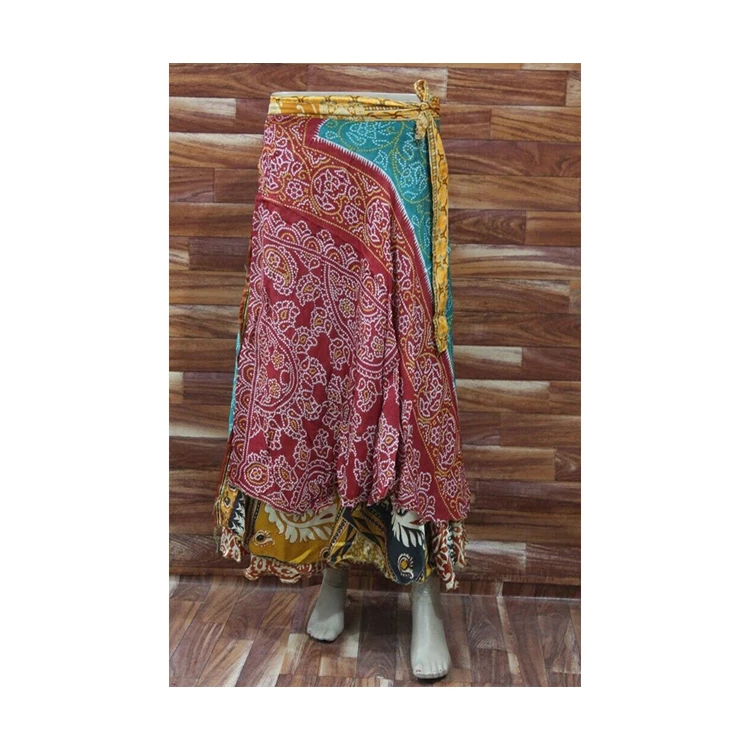 Hot Red Color Silk Sari Magic Wrap Around Skirts with Elastic Waist and Belt Hippy Long Bohemian Maxi Skirt for Women