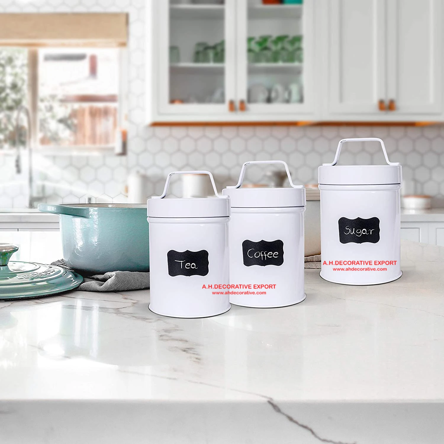 Metal Canister Sets for Kitchen Storage Customized Print Kitchen Decorative Canisters Set of 3 for Sugar Tea & Coffee Storage