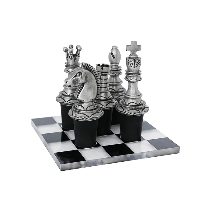 Set of 5 Chess Bottle Stoppers w/ Acrylic Stand for Wine Bottle