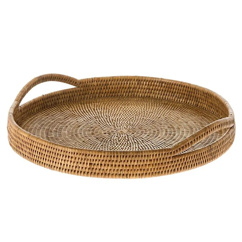 Luxury brown rattan tray with handles handwoven rattan round tray vintage rattan breakfast tray