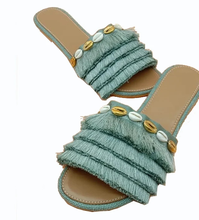 Fashionable Handmade Sky Blue Color Fringe Leather Sandals Women Flip Flop Footwear Female Party Wear Slippers