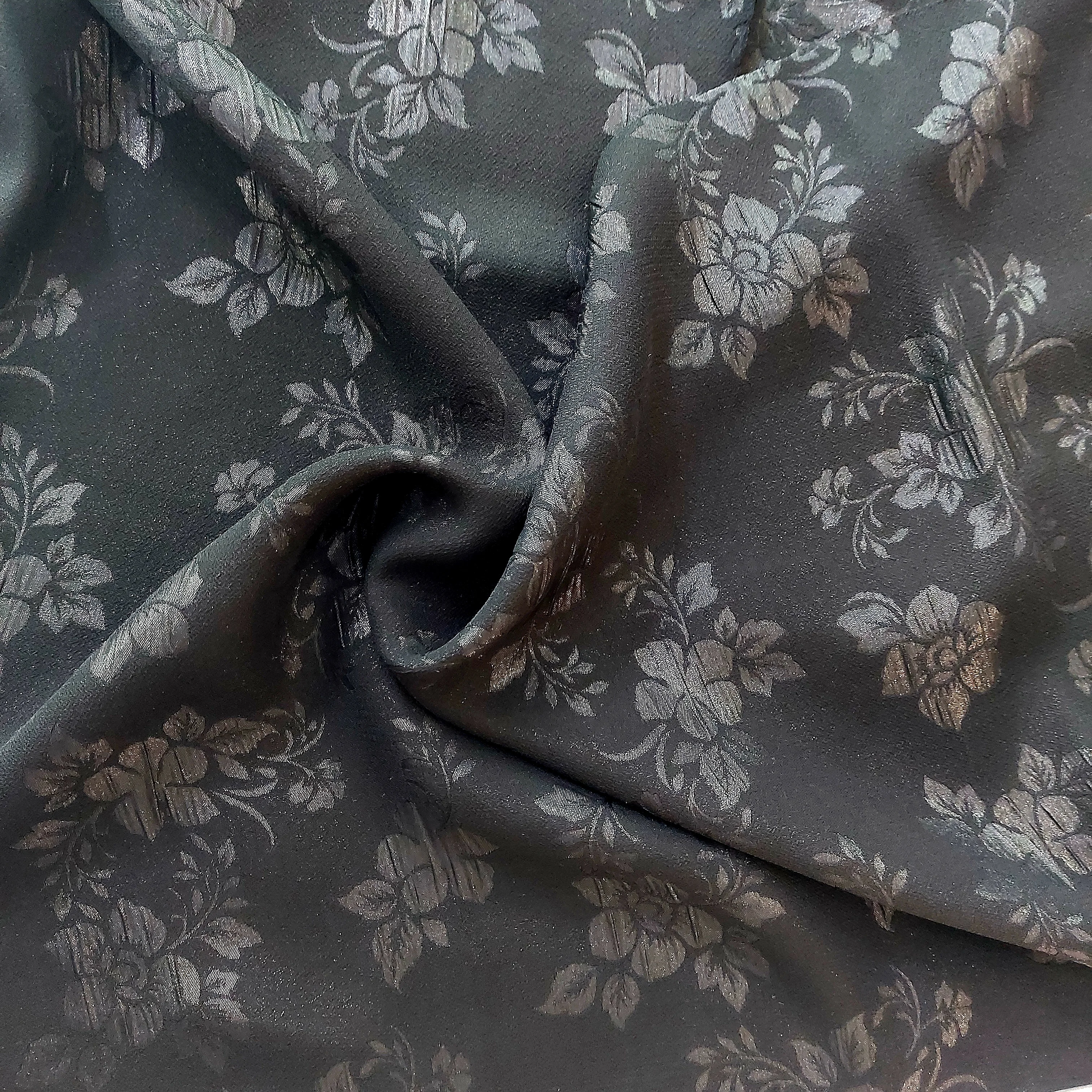 Jacquard Formal Black Fabric With Flocking Shiny Silver Metallic Floral Pattern For Muslim Women Long Dress Abaya #H138D