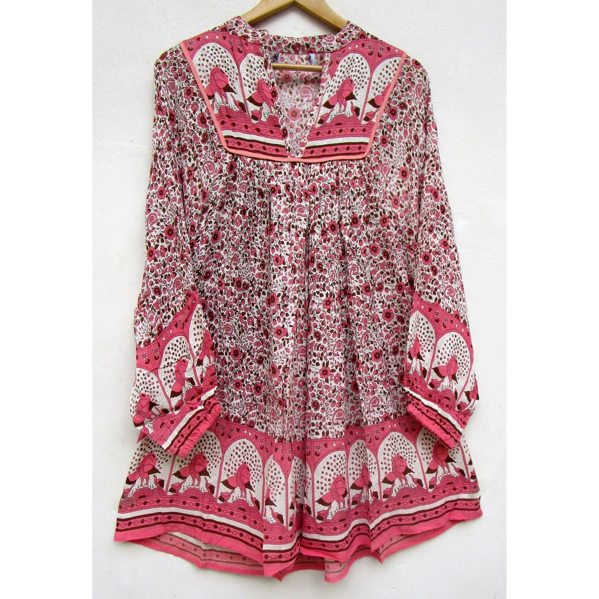 rayon pink birds and floral printed boho hippie stand collar neck maxi dress