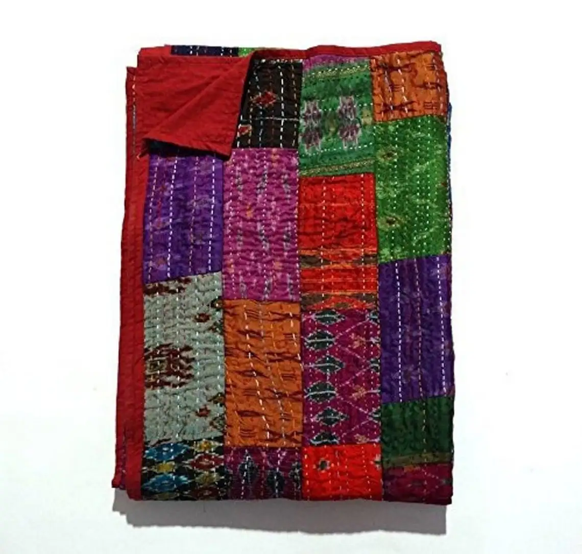 Покрывало ручной работы Kantha, покрывало на кровать, декоративное одеяло из индийского чистого шелка