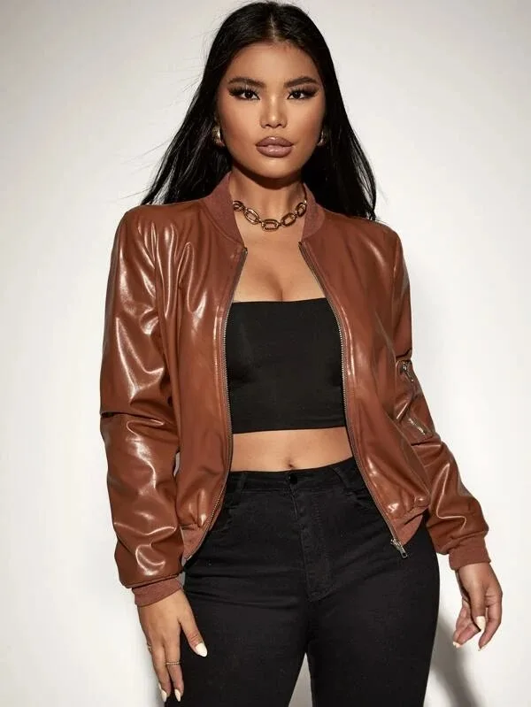 High Quality Zipper Customized Solid Brown Full Sleeved Drop Shoulder 100 % Leather Jacket For Woman