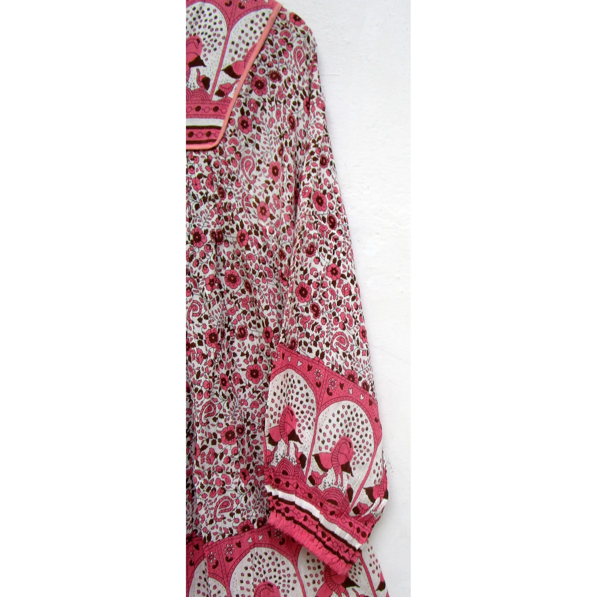 rayon pink birds and floral printed boho hippie stand collar neck maxi dress