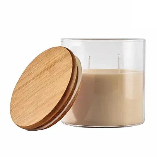 Luxury fancy design Clear Glass Handmade Jar with Wooden Lid for scented candles Stand