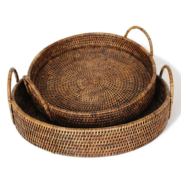 Luxury brown rattan tray with handles handwoven rattan round tray vintage rattan breakfast tray