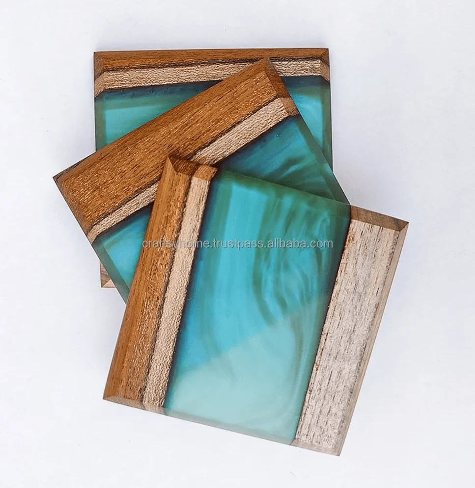 Top Quality Customize Handmade Square Epoxy Resin & Wood Resin Sea Green Decorative Coasters for Giveaways Gifts