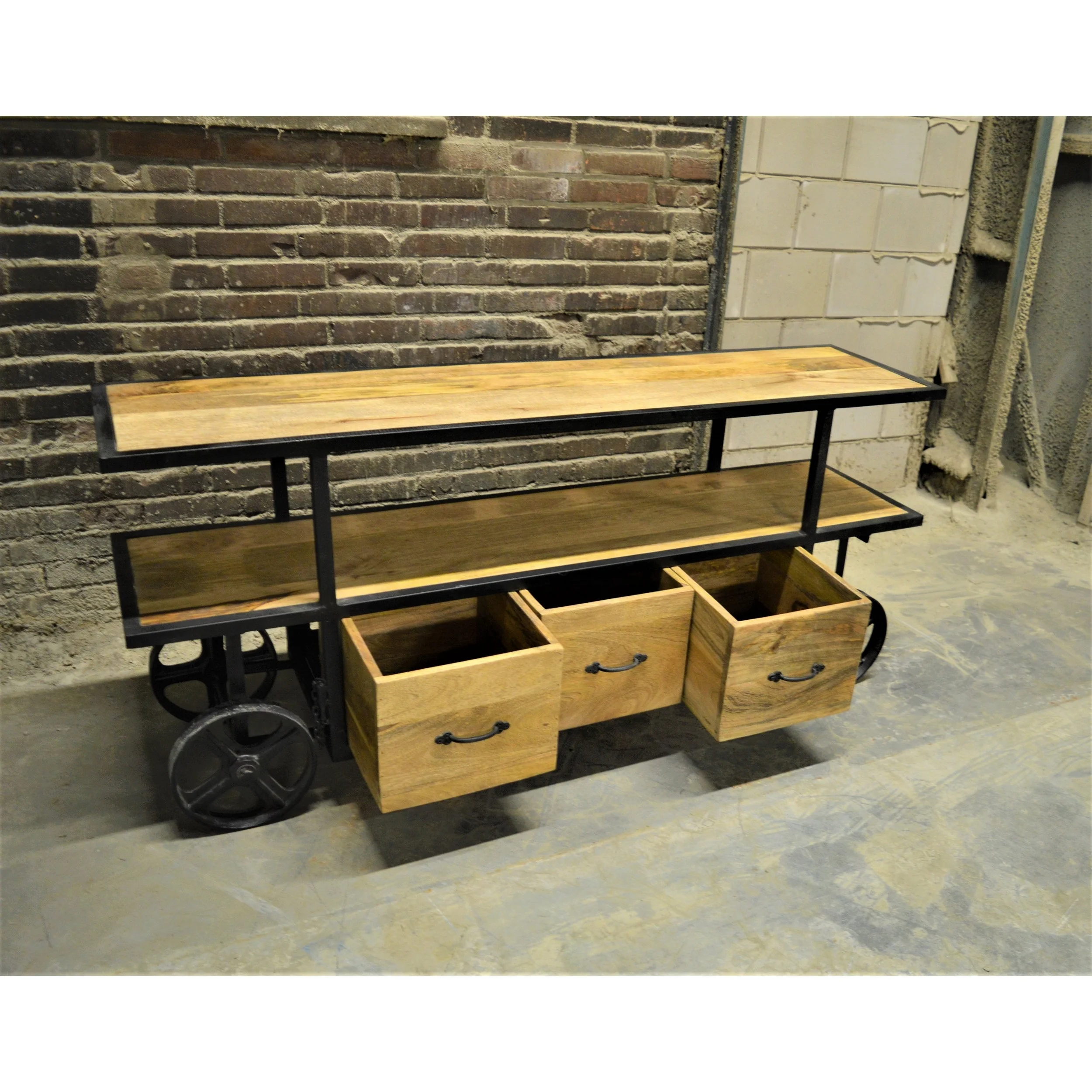 Industrial 2024 High selling console table with storage and wheels New design vintage style industrial console with wheels