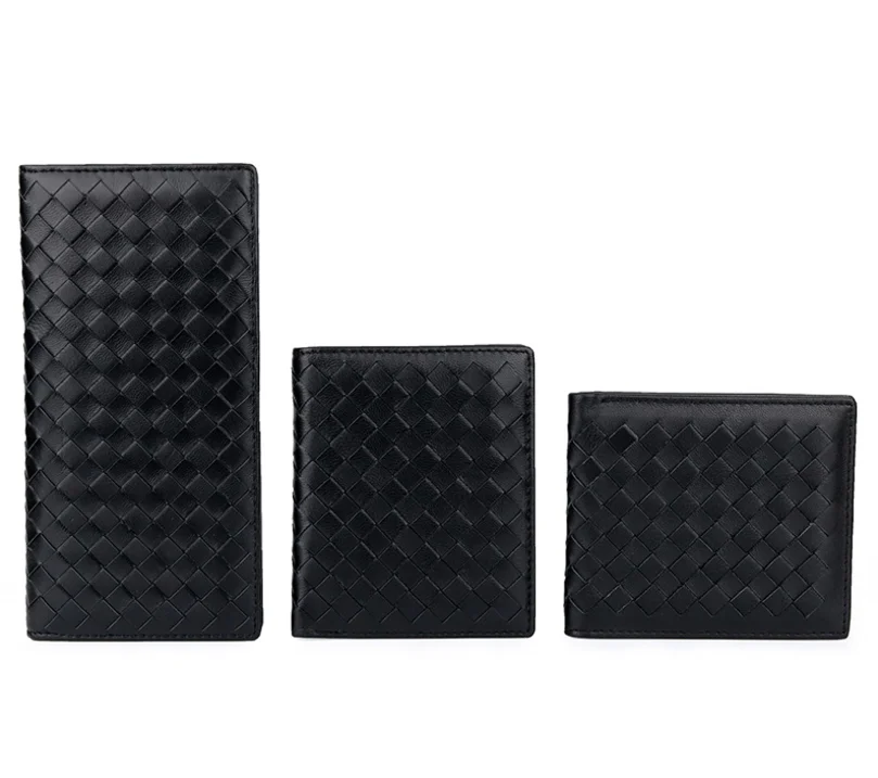 Handmade soft sheep skin leather man long wallet fashion genuine leather woven bifold card wallet for men