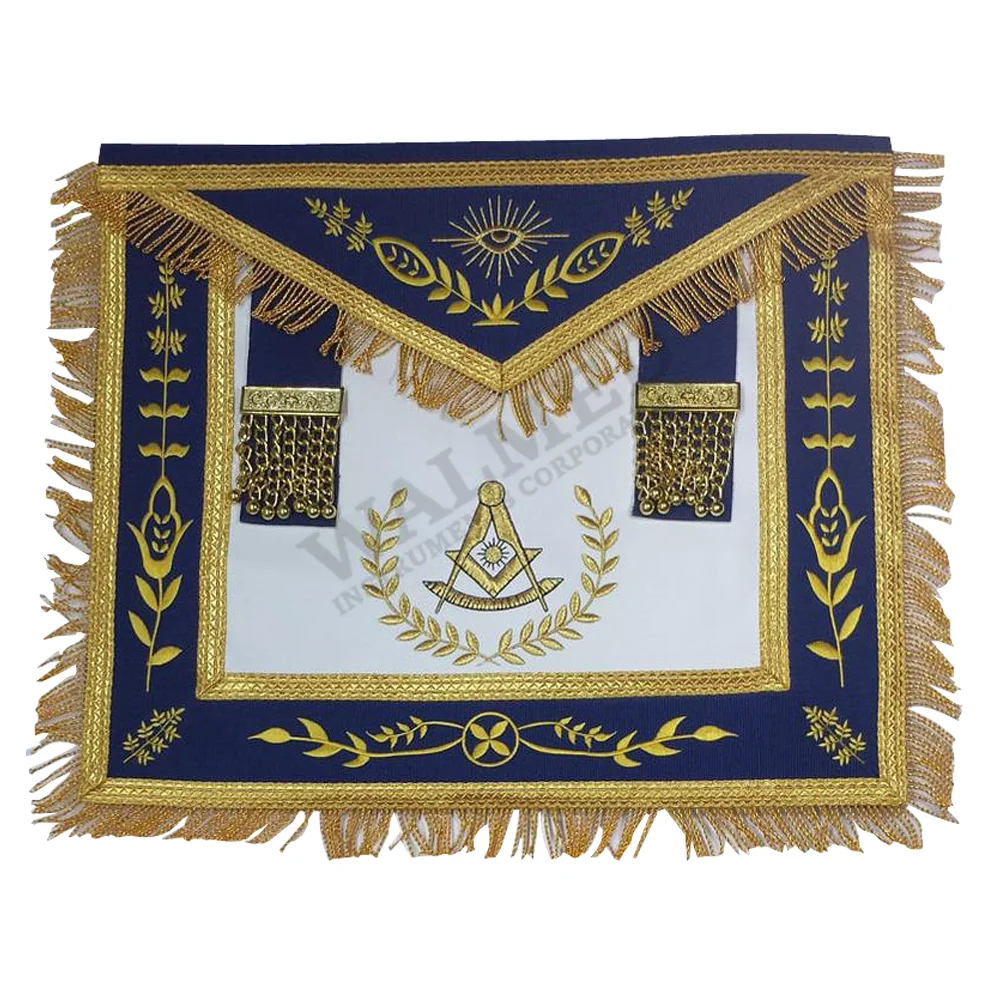 Past Master Apron Royal Blue Gold Embroidered Fringe / Golden Fringe Leather Square Shape Past Master Apron