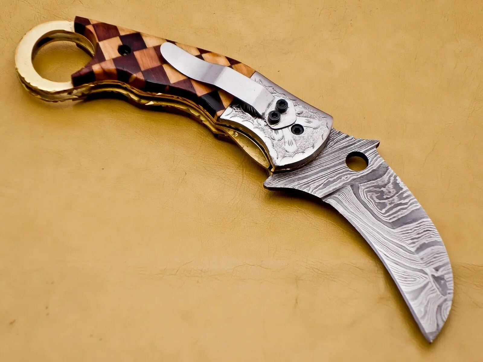 Дамасский складной карманный нож ручной работы нож-керамбит охотничий