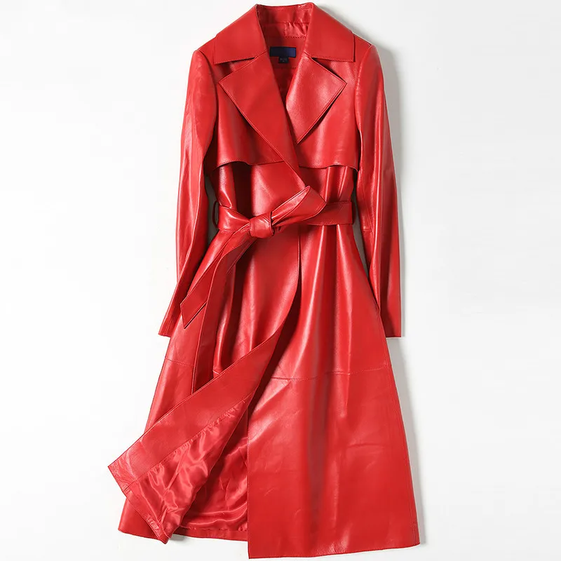 High Quality Genuine Leather Pure Sheepskin Leather Women Long Coat Spring Autumn