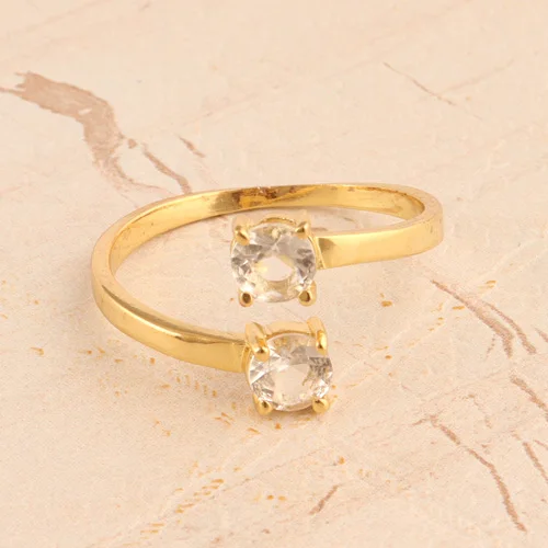 24K Gold Plated Faceted Clear Quartz Double Stone Statement Ring Fashionable Cute Adjustable Open Prong Set Wedding Wholesale