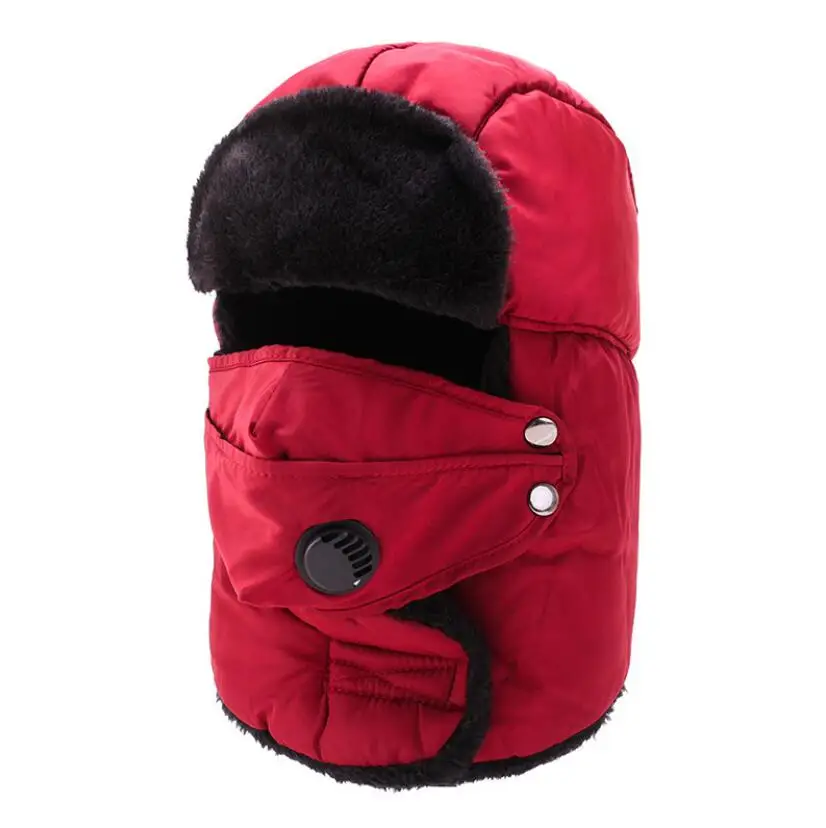 
Wholesale Winter Bomber Hats Men Women Thicker Fur Earflap Heating Plain Snow Cap Russian Plush Ski Hat with mask 