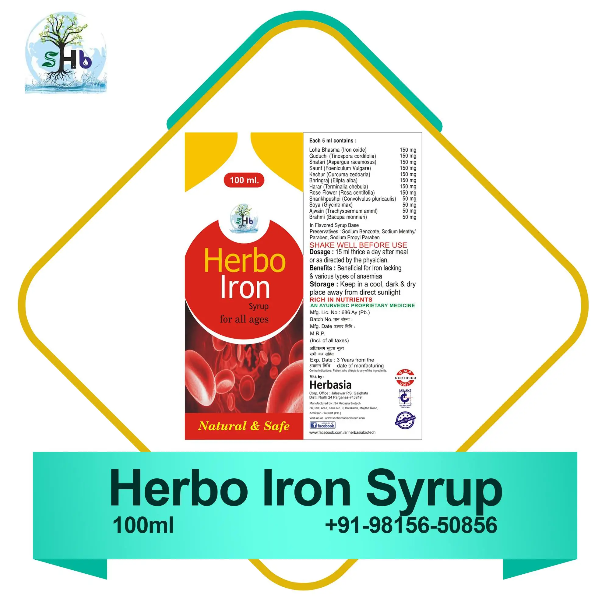 Herbo Iron Syrup Drug for Increase Hemoglobin Syrup 3 Year 10000 Antioxidants,stabilizers
