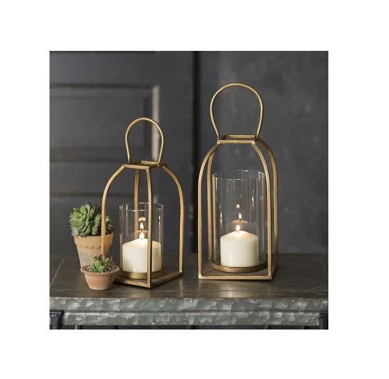 Старинные фонари с ручкой ручная работа Золотое порошковое покрытие цилиндрическим стеклом набор из 2