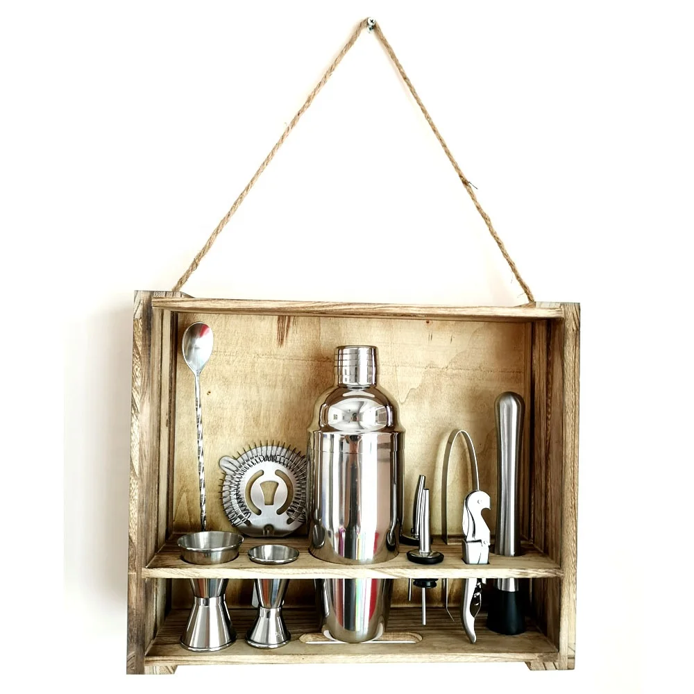 Custom Logo Home Bar 17-Piece Bar Tool Set with Patent Pending Bamboo Stand Bartender kit Cocktail shaker set