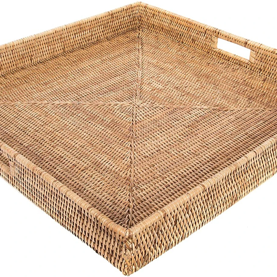 Handmade Round Rattan Tray Wicker Tray With Handles For Fruit Breakfast Eco-friendly Handicraft Items +84947900124