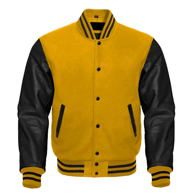 
YELLOW WOOL AND GENUINE BLACK LEATHER SLEEVES BASEBALL JACKET 