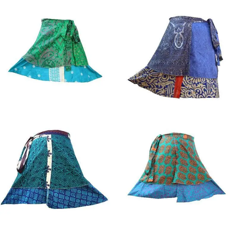 Short sarong wrap skirts vintage sari beach mini wrap skirts Vintage Silk Bohemian Hippie Beach Magic short Dress summer skirts