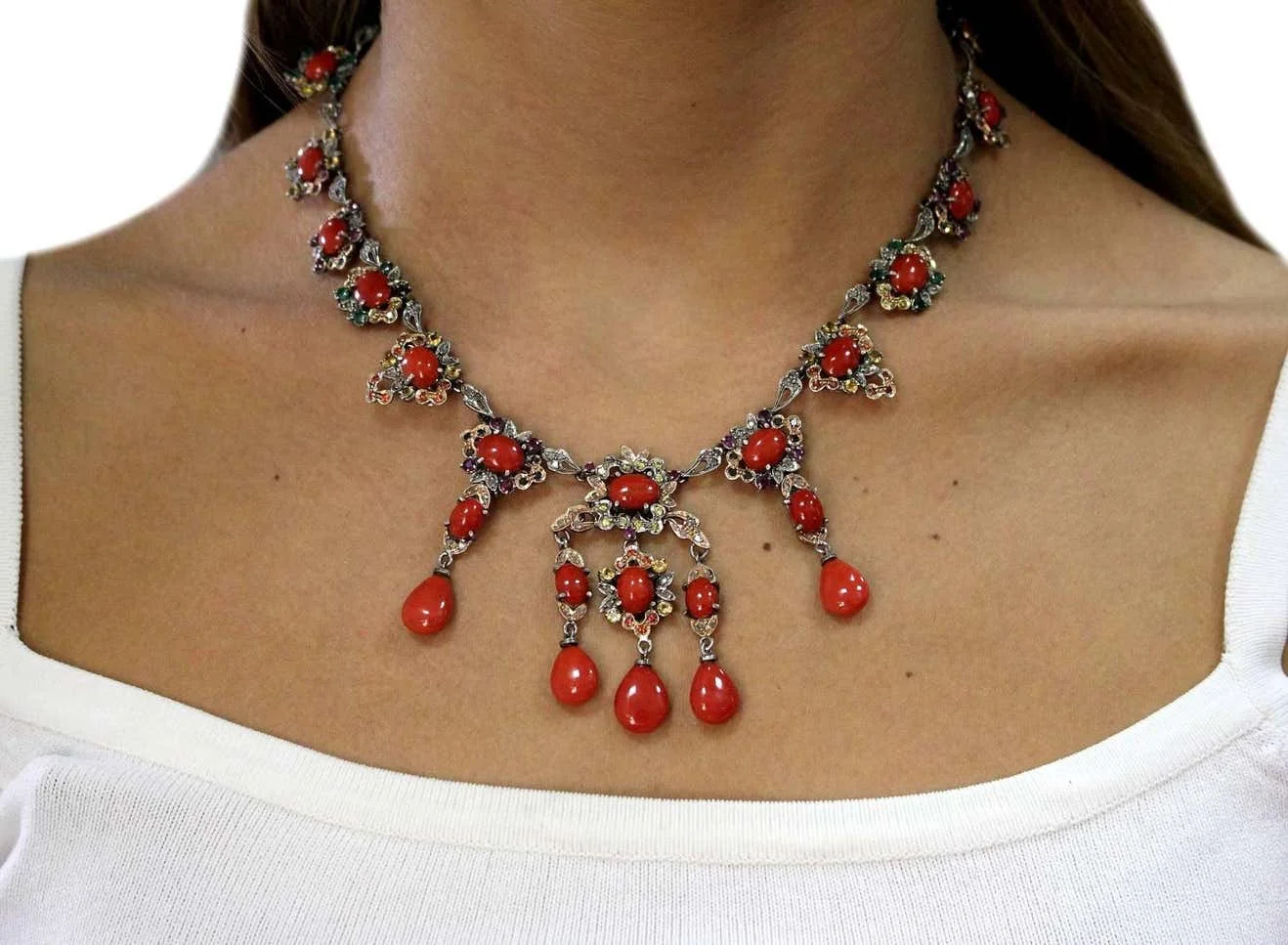 
Diamonds,Sapphires,Rubies,Emeralds,Red Corals and Drops,RoseGold/Silver Necklace 