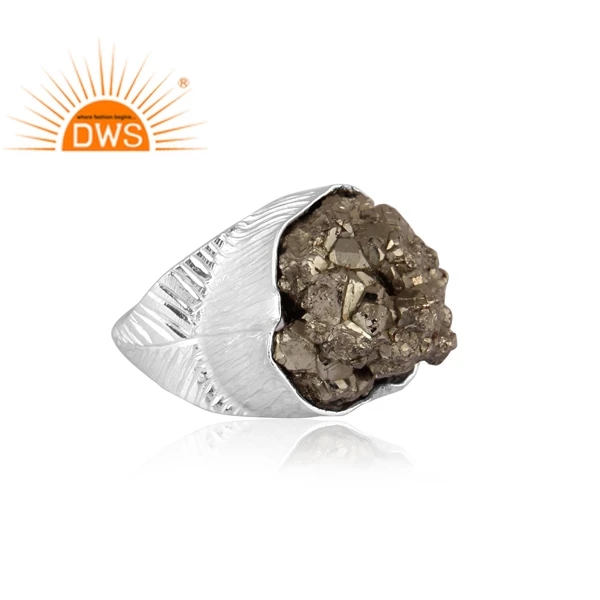 New Arrival 925 Sterling Fine Silver Statement Ring Jewelry Supplier Raw Pyrite Natural Gemstone Ring Jewelry
