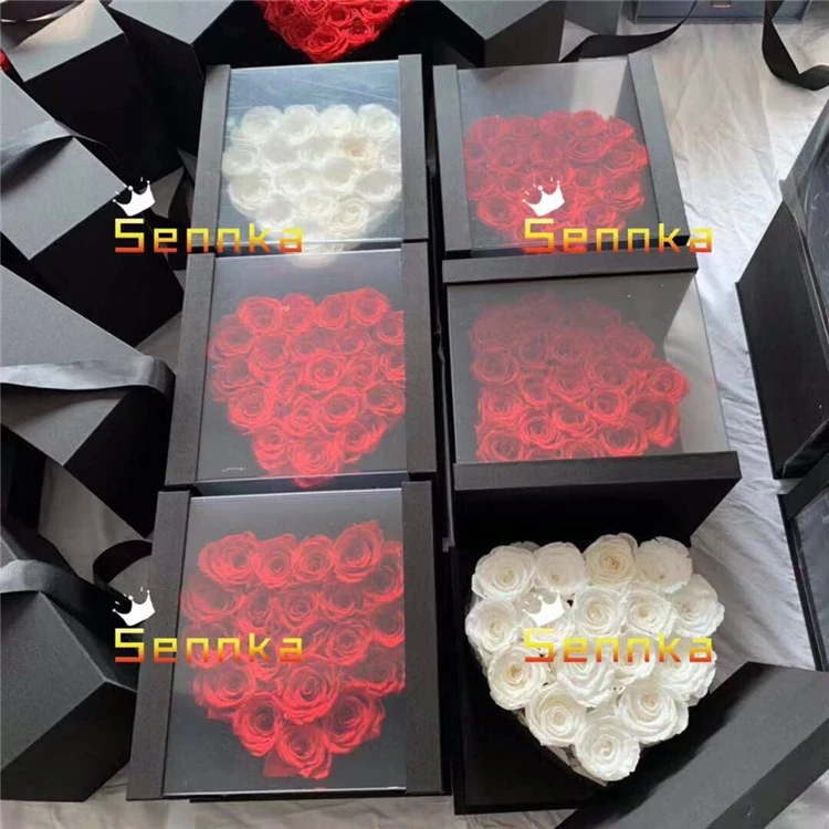 Bases for Flower Arrangements Real Fresh Preserved Rose in Black Heartshaped Gift Box with Ribbon