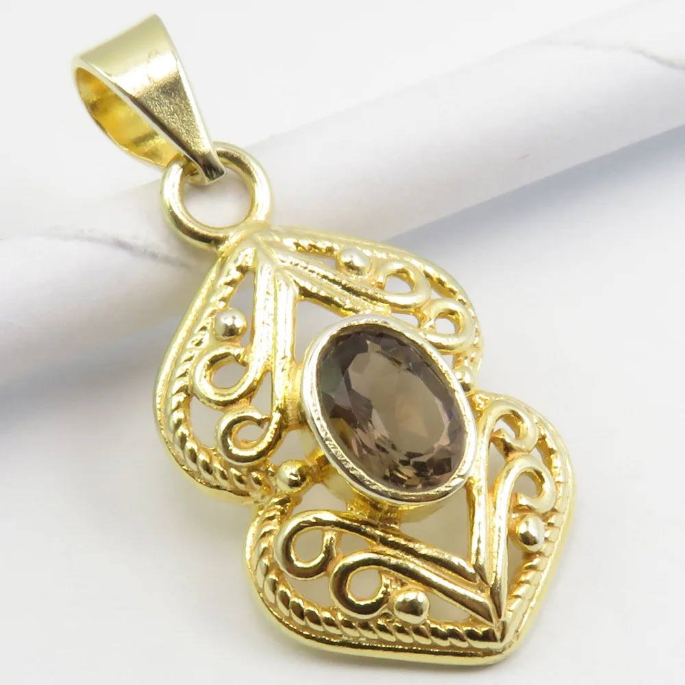 
Gold Plated Smoky Quartz Pendant 3 cm 925 Fine Silver Women Wedding Jewelry 