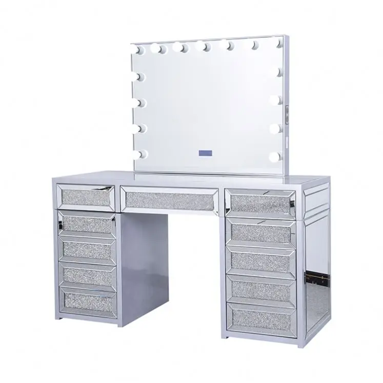 Luxury design OEM household bedroom crystal lighted mirror makeup dressing vanity table with drawers