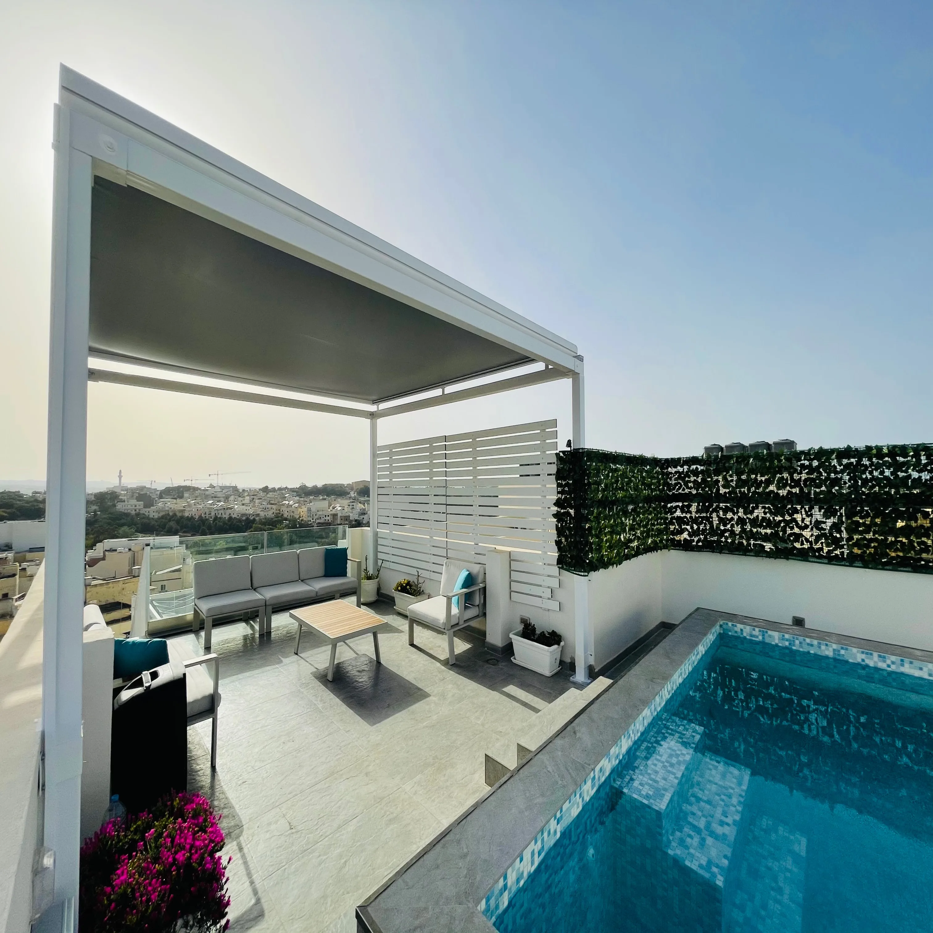 somfy motorized serge ferrari roof shade blackout fabric  skylight blind outdoor shade pergola for gazepo