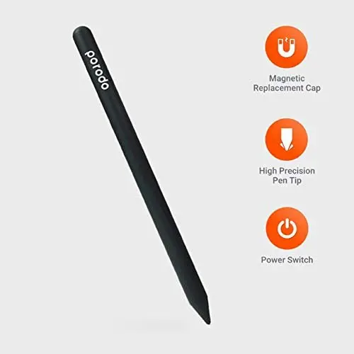 Porodo Stylus Pen, Universal Pencil Compatible with iOS and Android Tablets Devices, 1.5 mm Nib, Magnetic Attachment