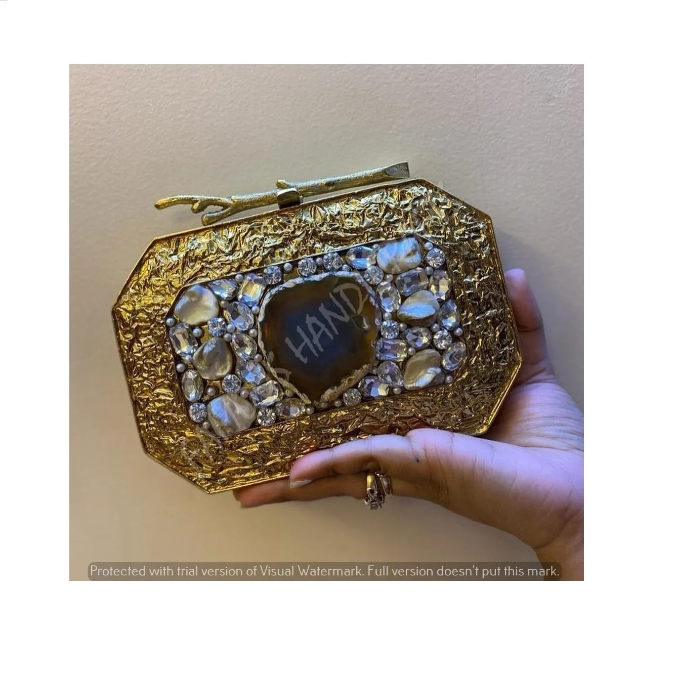Top Selling Brass Embellished Clutch Mother Of Pearl Handcrafted, Handmade Designer Luxury Handbag from India