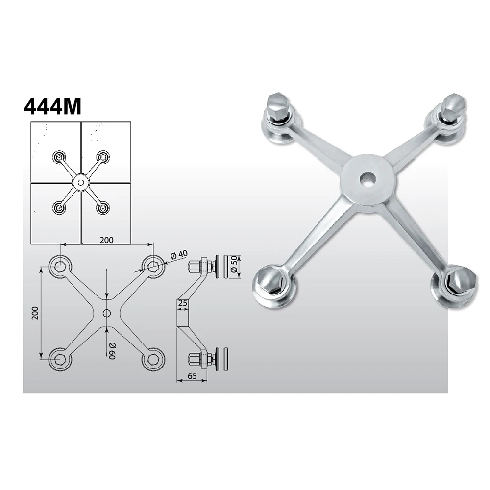 4 Arms Spider Connected Glass Polished Stainless Inox 304
