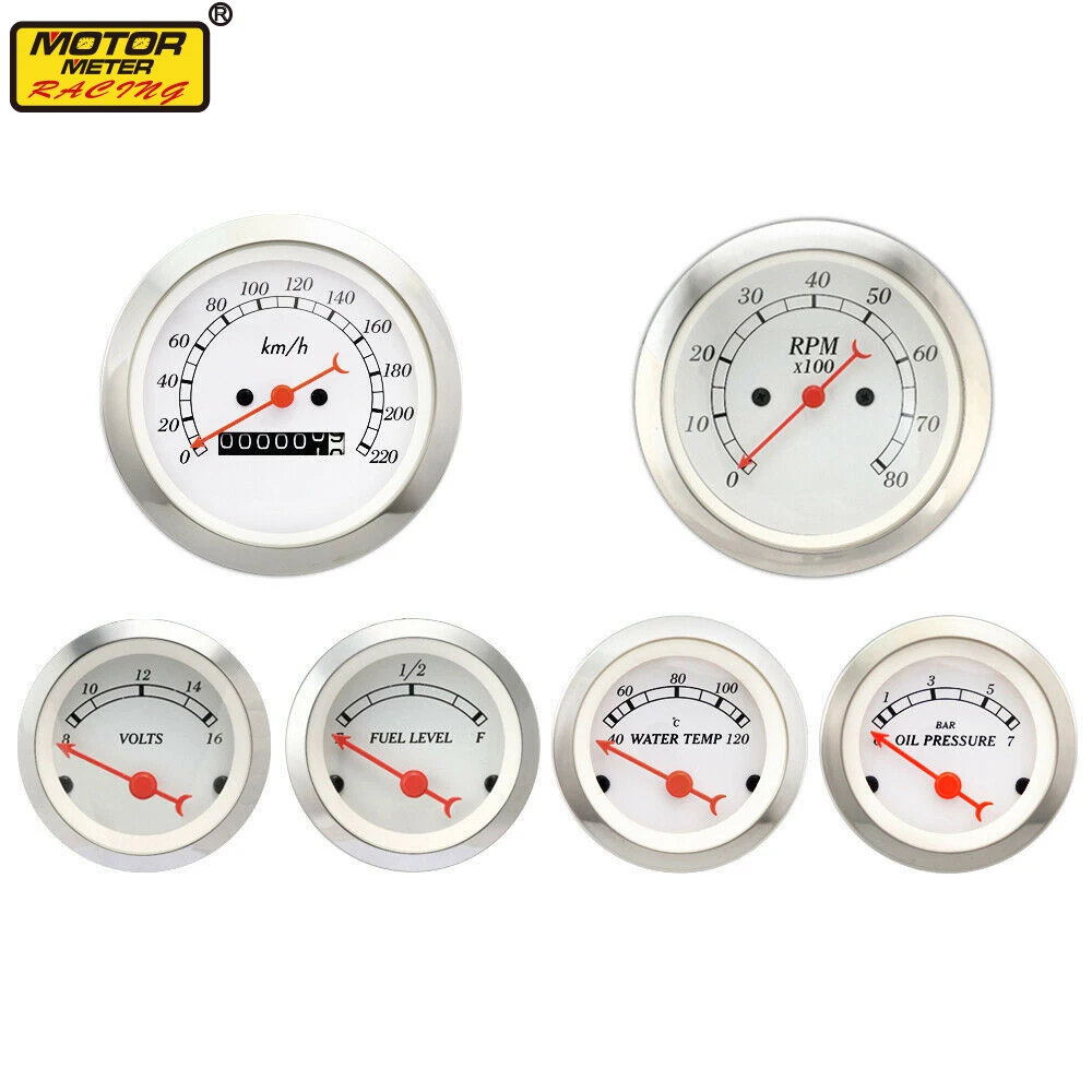 52mm White Face Red Fuel Level Oil Pressure Volt Water Temperature Gauge 85mm RPM Gauge Speedometer MPH F PSI For Car