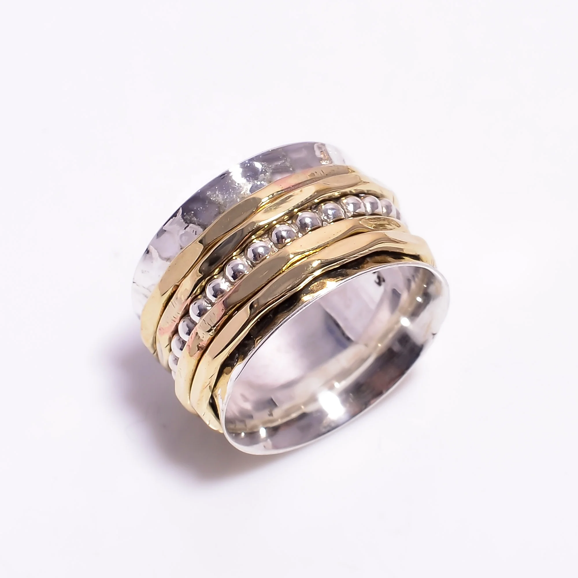Wonderful 925 Sterling Silver and Brass Spinner, Meditation Worry Ring, Designer Wide Band for Womens