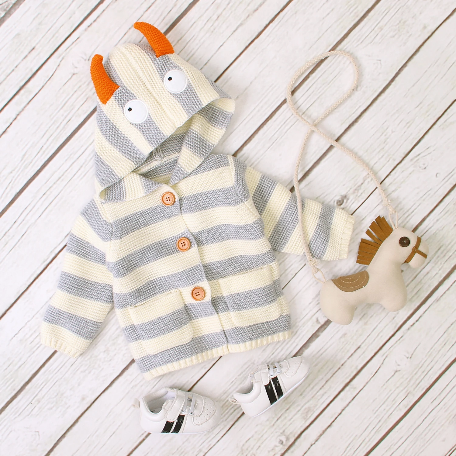 
Custom New Design Baby Girls Boys Winter Cotton Jackets Coats Knitted Stripped Cardigan Sweater Hooded with Ears 