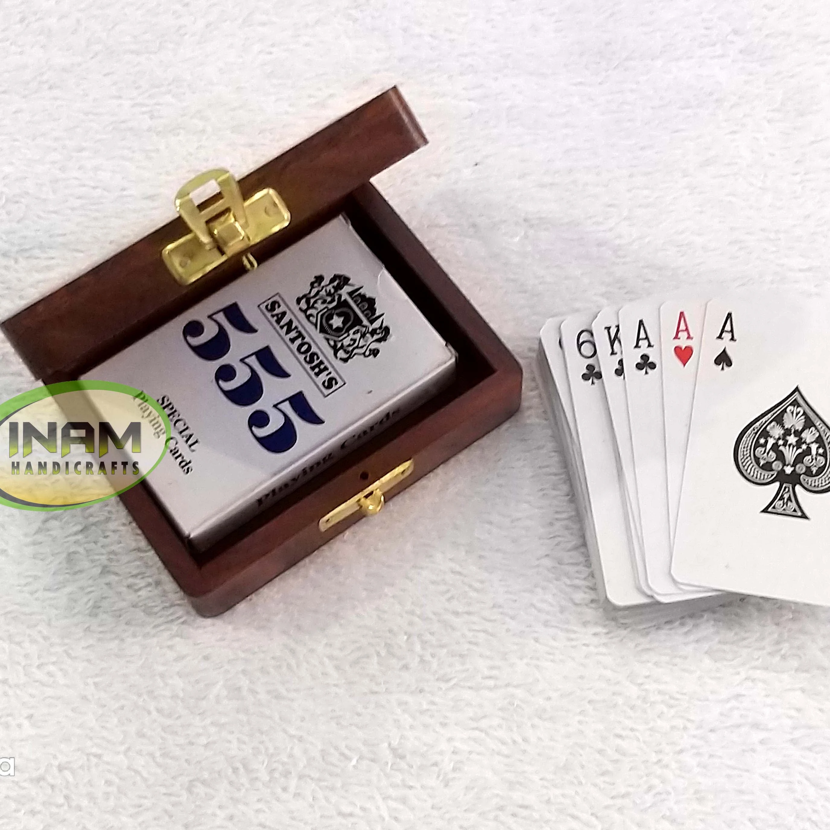 Nautical wooden handmade playing card box with brass inlay by INAM HANDICRAFTS
