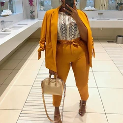 Bright Yellow Drawstring Sleeves Two  Piece Set Blazer Suits Set for Women
