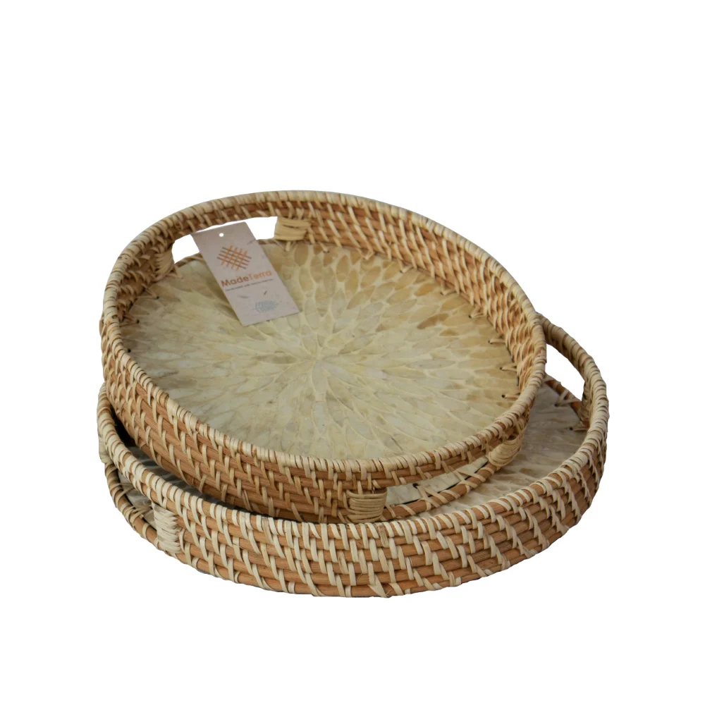 Set Of 2 Mother Of Pearl Inlay with Rattan Serving Tray for Breakfast, Snacks and Fruits - Rattan Tray Handmade Bone Inlay Tray
