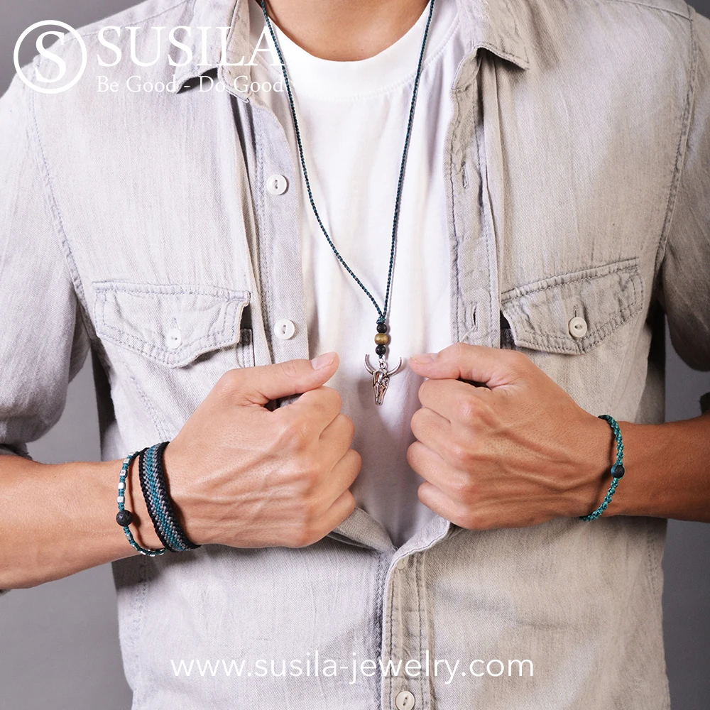 Bracelet with Agate Stone, Rudraksha Beads and Silver Color Lion Head Bead on Hand-Twisted Cotton String