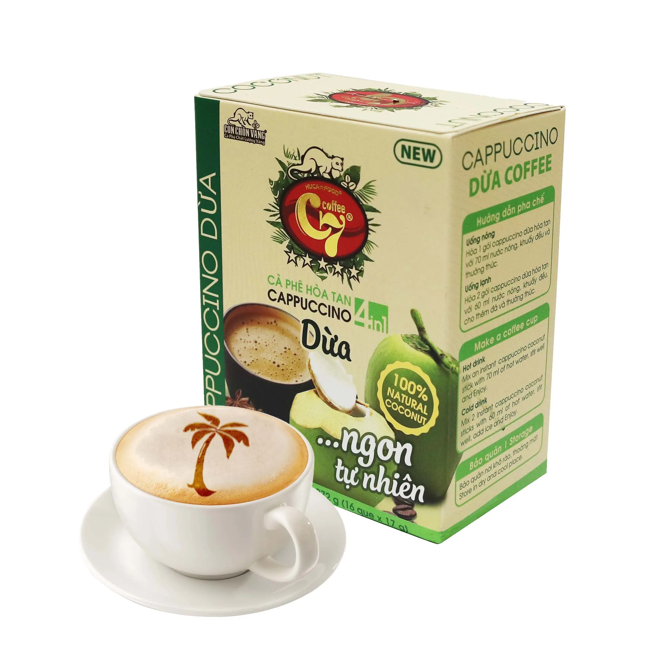 OEM, ODM, частная торговая марка, вьетнамский кофе. 100% кокосовый порошок, капучино кокосовый кофе 4 в 1, оптовая продажа, кофе HUCAFOOD