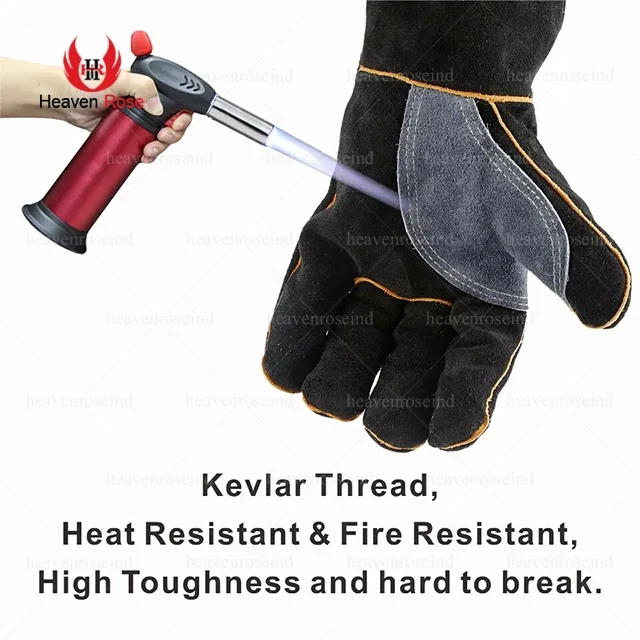 Heat Resistant-Gloves Heatproof Anti-skid Cowhide Leather Gloves With Long Sleeve